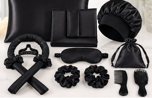8-Piece Black Satin Sleep & Styling Set