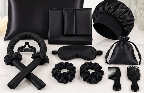 8-Piece Black Satin Sleep & Styling Set